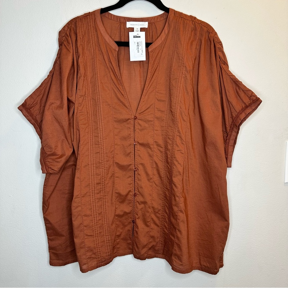 TREASURE & BONDE Short-sleeve Brown Top Cotton V-neck Button Down Blouse Sz 3X